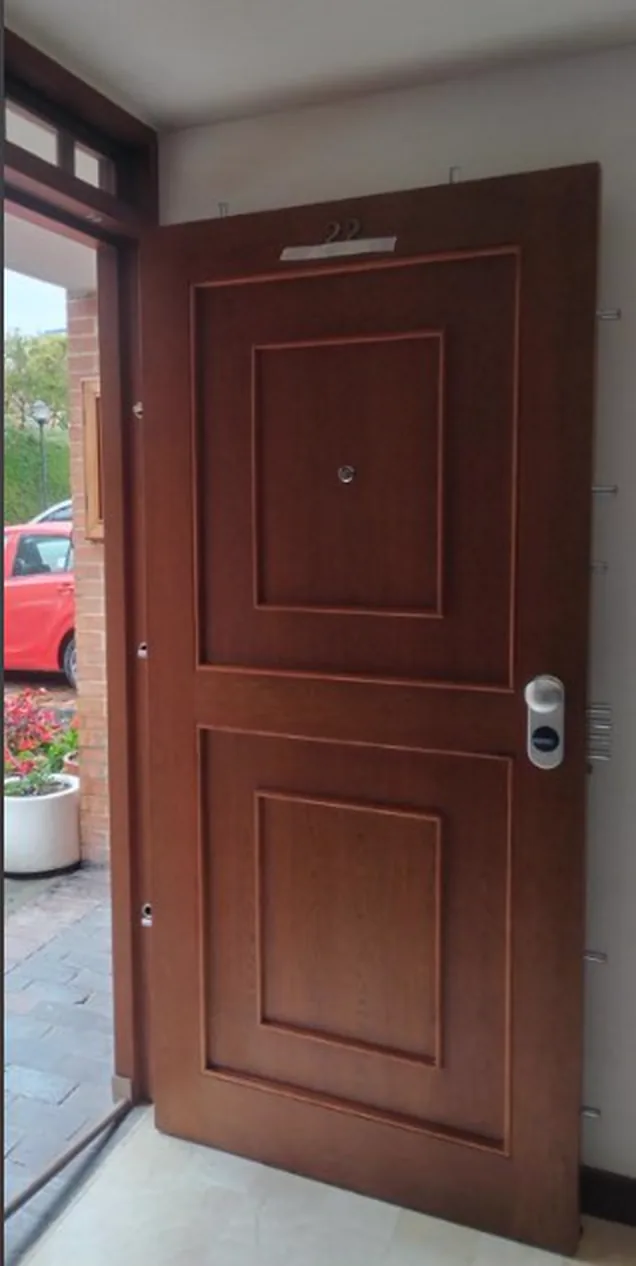 Puerta blindada nivel 3 en cedro con dos tableros y pivotes antipalanca visibles, instalada en Ibagué